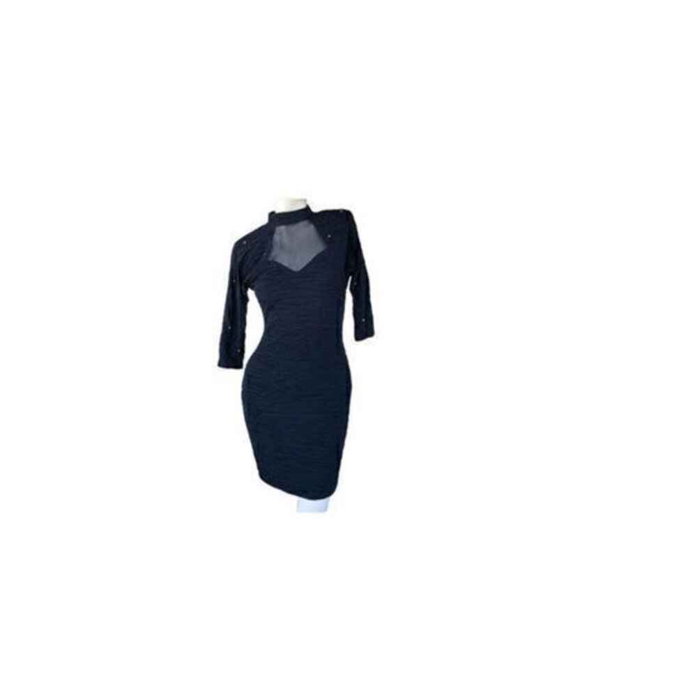 Absolutely! 80s Black Bodycon Mini Dress with Brass Stud Detailing and Choker Ne